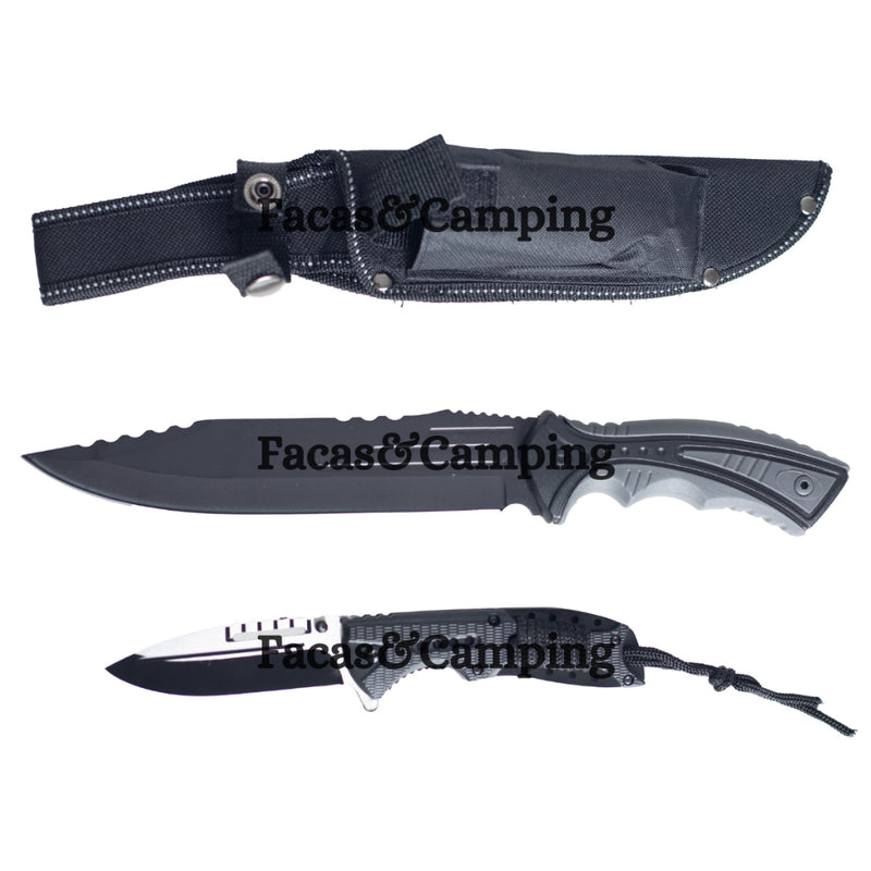 Kit Faca e Canivete Sobrevivência Tático Caça Pesca Com Bainha