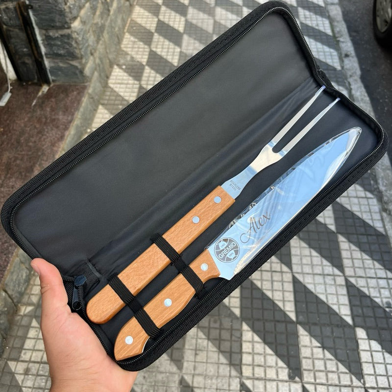 Kit Churrasco Faca Garfo Estojo Personalizado Nome Time Logo Empresa Confraternização