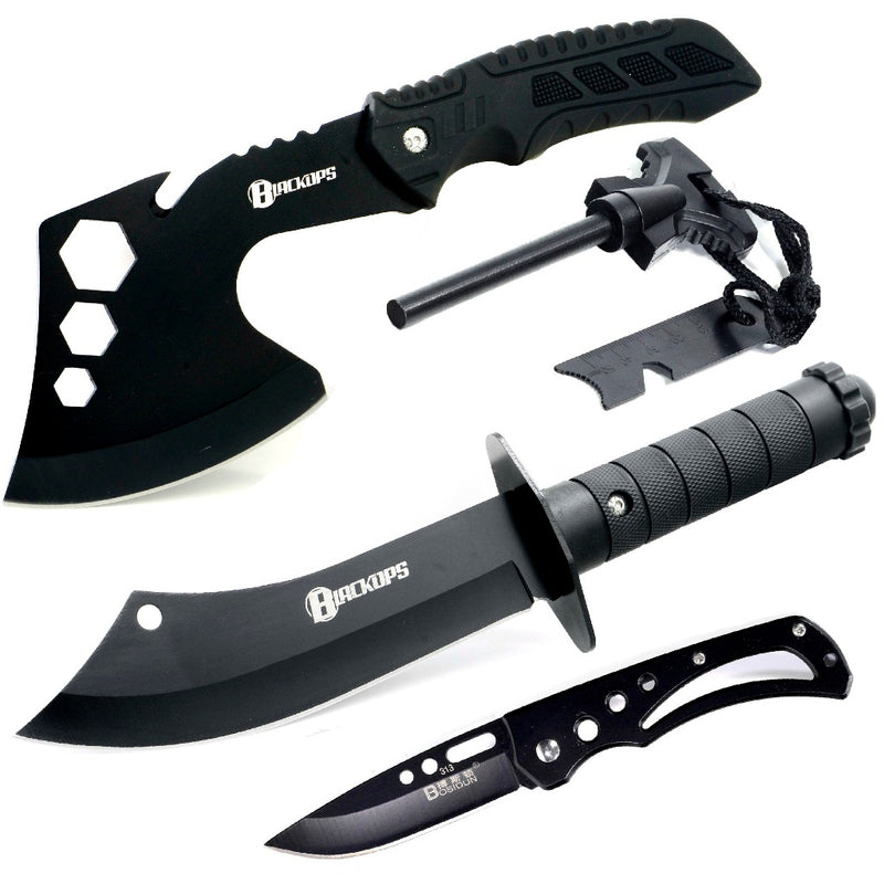 Machado Tático Viking Militar Camping Sobrevivência K-A03+Faca THY-13+Canivete KN-5+ Pederneira