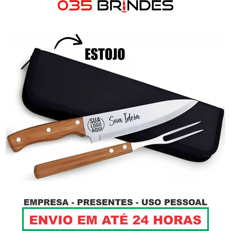 Kit Churrasco Faca Garfo Estojo Personalizado Nome Time Logo Empresa Confraternização